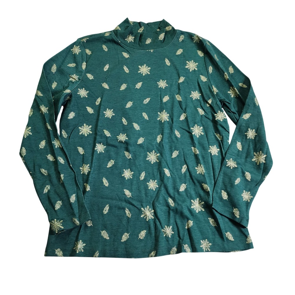 Karen Scott Holiday Turtleneck Green Gold Long Sleeve Top Christmas Large